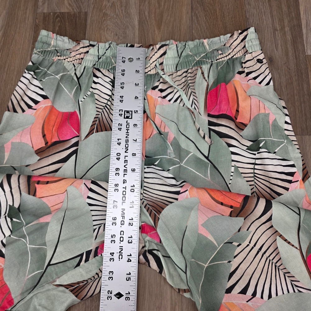 CALIA Medium Tropical Leaf Print Linen Blend Wide Leg Drawstring Pants‎ Green - Picture 6 of 11